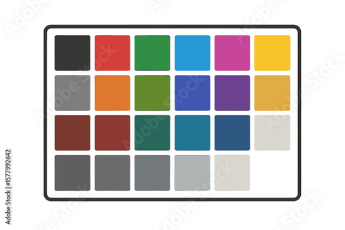 Color calibration chart for monitor and screen accuracy. Professional tool for photographers and designers. Vector color checker card with swatches. Reference guide for video.