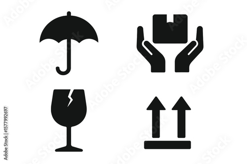 Fragile cargo handling icon set. Package warning signs for logistics and delivery. Includes keep dry, handle with care, this side up, and fragile symbols for shipping labels.
