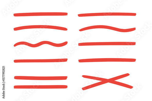 Red marker underline set. Hand drawn brush strokes for highlighting text. Doodle sketch lines, strikethrough & cross out shapes. Grunge paint vector element collection isolated.