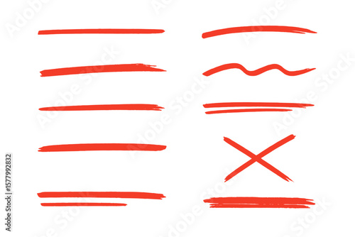 Red marker strokes set. Hand drawn lines for underlining text. Grunge brush paint stripes. Highlight scribble. Correction cross out sign. Vector design element collection isolated.