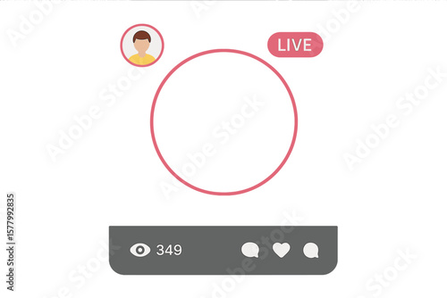 Live video streaming frame set. Social media broadcast interface. Profile story icon and live stream circle frame. Stories user avatar and viewer count. Vector template.