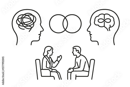 Mental health psychotherapy concept. Psychologist and patient session. Brain chaos and order. Unraveling tangled thoughts. Psychology, therapy, counseling, support and empathy.