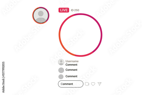 Social media live stream interface concept. Video streaming frame set for a story. Profile icon, circle frame for stories. User avatar for broadcast. Mobile app mockup.