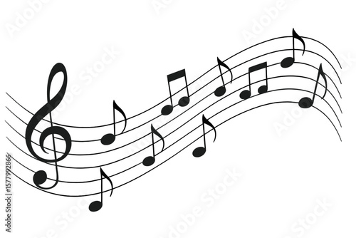 Music notes on a wavy staff. Treble clef symbol. Abstract musical melody background. Sound wave concept illustration. Song or symphony audio graphic design element vector.