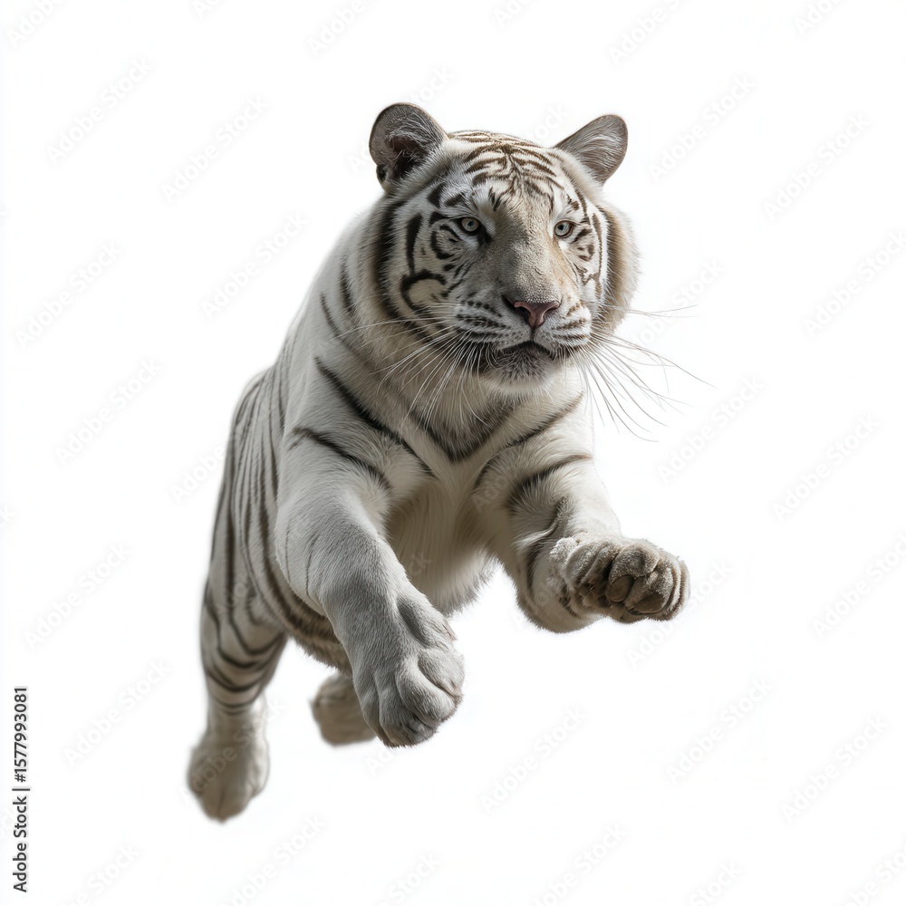 Fototapeta premium Majestic white Bengal tiger leaping forward against clean white background, powerful paws extended in mid-air motion, displaying strength and grace with intense gaze, free copy space for text