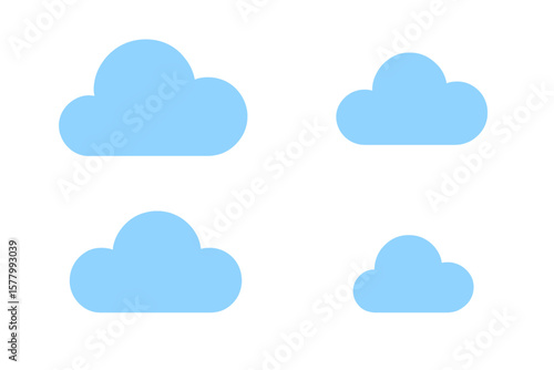 Set of blue cloud icons. Cloudscape weather symbol. Simple flat cartoon graphic. Cloud computing technology concept. Data storage & network service. Vector design element.