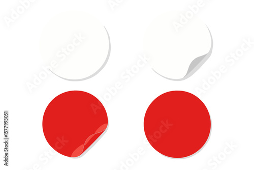 Set of round white and red adhesive paper stickers with peeling corners. Blank circle tags and labels mockup with shadow. Isolated realistic vector price tag symbols.