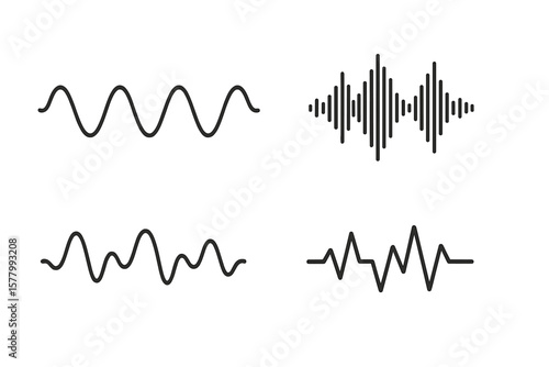 Audio Waveform Vector Set, Sound Waves Icon Collection, Digital and Analog Audio Signals, Music Equalizer, Voice Recording, Electronic Signal, Transparent Background, Modern Line Art