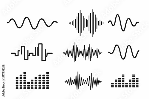 Audio Waveform Icon Set. Music Sound Waves, Digital and Analog Waveforms, Equalizer, Electronic Signal, Voice Recording, Sound Bar, Transparent Vector Collection