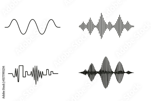 Modern Sound Waveforms Collection – Digital and Analog Audio Signals, Music Wave Shapes, Electronic Voice Recording, Equalizer, Technology Icon Set, Transparent Vector PNG