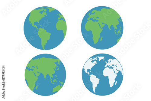 Flat Earth Globe Icon Set, World Map Hemispheres, Continents, Global Geography, Planet Earth Vector, International Geography, Transparent PNG, Educational Infographic, Editable Illustration