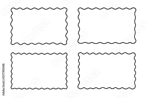 Collection of four rectangular frames with wavy borders. Simple black line art. Design element for certificates, invitations, banners. Vector illustration set isolated on white.