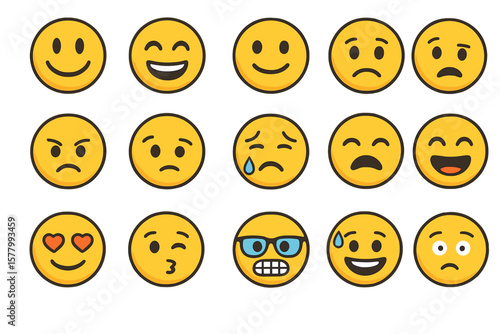 Large set of vector emoticons. Cute cartoon emoji and smiley icons with various emotions like happy, sad, angry, love, cry, laugh. Isolated comic face expression symbols.