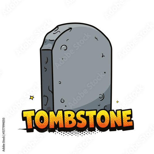 Vibrant and playful pop art tombstone shard displayed on white background, concept of humor in remembrance.