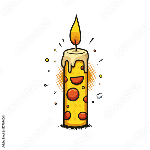 Vibrant and playful pop art candle stub melting with bright colors on white background, concept of home decor and festive ambiance.