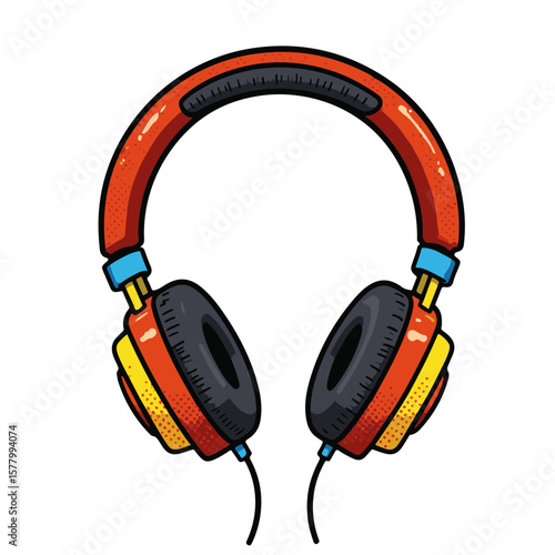 Vibrant pop art-style audio guide in bold colors and dynamic shapes isolated on white background, concept of modern audio equipment marketing.