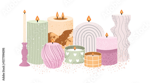 Aromatic candles collection in cozy home interior. Burning wax candles in modern containers. Hygge room decor concept. Flat vector illustration isolated on white background.