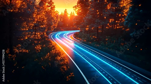 Futuristic Road Through Forest with Digital Lights at Sunset Creates a Sci-Fi Feel
