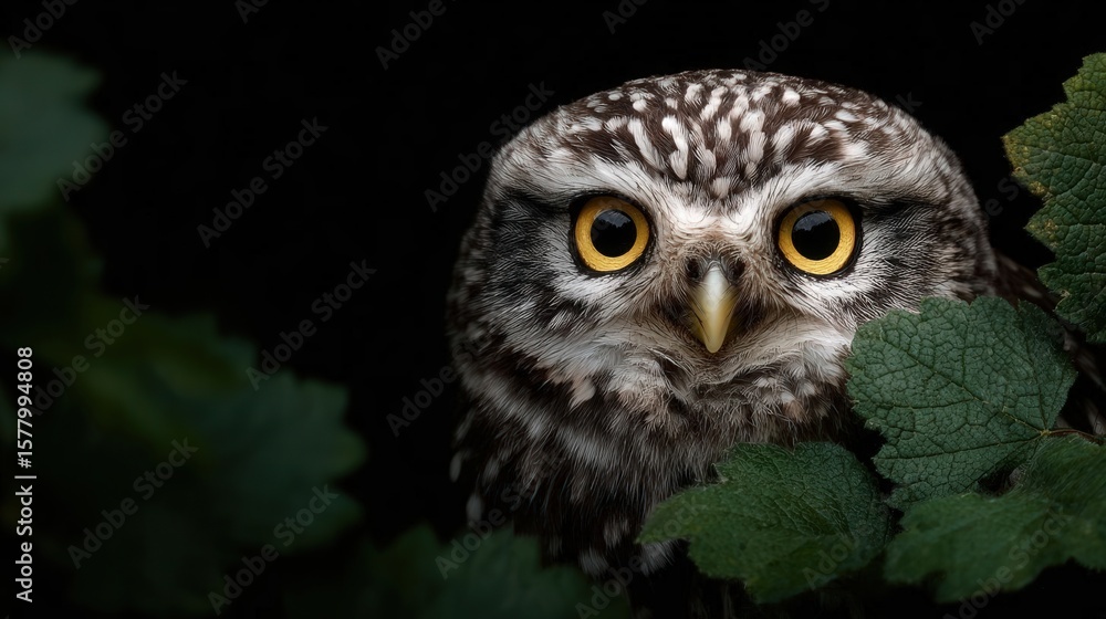 Fototapeta premium Cute little owl with large yellow eyes peeking from behind green leaves against a black background, showcasing curiosity and wildlife in dramatic lighting.