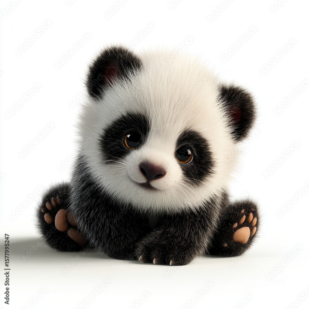 Fototapeta premium Adorable cartoon baby panda with large expressive eyes and soft fur peeking over edge against white background, perfect for children's merchandise or wildlife conservation advertising