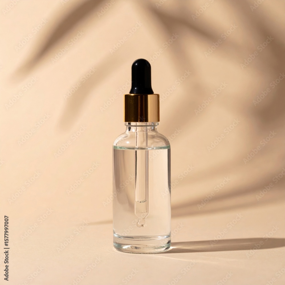 Naklejka premium Elegant Clear Serum Bottle with Gold Accent on Beige Background and Leaf Shadow