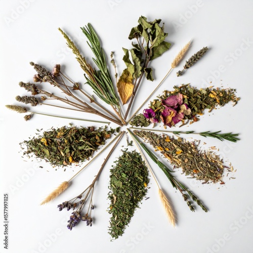 Assorted Dried Herbs and Flowers Arranged in Circular Pattern on White Background