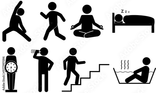 健康的な生活習慣を表すシルエットアイコンセット