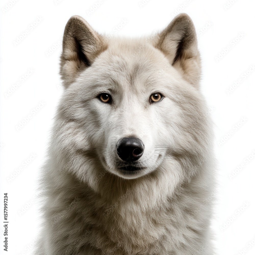 Obraz premium Majestic white wolf portrait with amber eyes looking directly at camera against clean white background, perfect for wildlife conservation awareness or animal photography free copy space