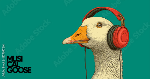 Funny goose wearing red headphones with bold “Musical Goose” text. Humorous animal character illustration with teal background – perfect for music, meme, or quirky design themes.

