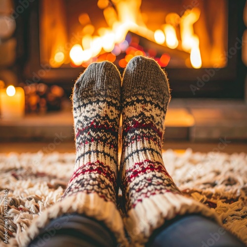 Feet in Knitted Socks Relaxing by Fireplace with Flickering Flame and Ambient Lighting