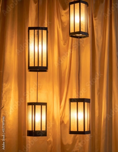 Four Bronze Rectangular Pendant Lamps Hanging Against Golden Curtain Background
