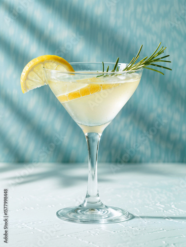 Stylish cocktail in a classic martini glass, garnished with fresh rosemary and lemon slice, illuminated by natural light with palm shadow accents on a pastel backdrop.