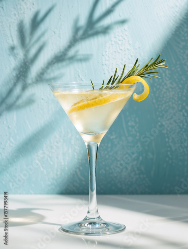 Minimalist martini setup with citrus and herb garnish, highlighted by strong sunlight and soft tropical shadows on a textured blue surface, evoking a summer vibe