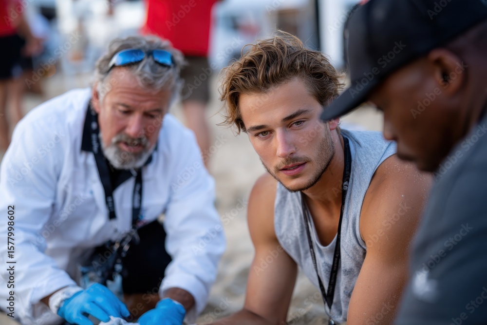 Obraz premium A young man listens intently as he participates in a beach-related activity, highlighting an engaging moment filled with focus, learning, and teamwork.