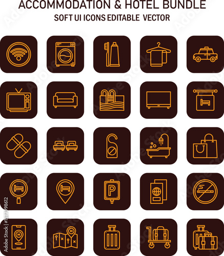 Elegant accomodation and hotel icons showcasing travel and leisure services in a streamlined vector graphic presenting