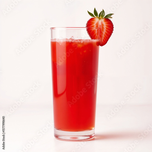 A tall glass of fresh strawberry juice with ice, garnished with a halved strawberry on the rim, set against a clean white background. Refreshing summer drink concept, perfect for themes of health, wel