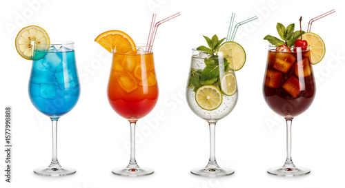 Blue Lagoon, Tequila Sunrise, Mojito, Mai Tai. Vibrant mixed drinks in colorful glassware with Ice cubes displayed isolated white background.