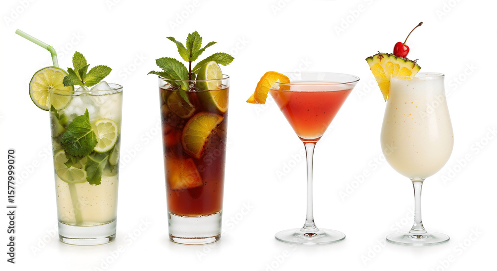 Fototapeta premium Mojito, Mai Tai, Cosmopolitan, Pina Colada. Vibrant mixed drinks in colorful glassware with Ice cubes displayed isolated white background.