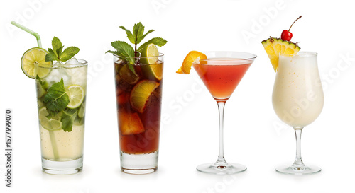 Mojito, Mai Tai, Cosmopolitan, Pina Colada. Vibrant mixed drinks in colorful glassware with Ice cubes displayed isolated white background.