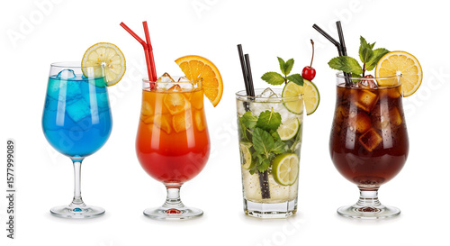 Blue Lagoon, Tequila Sunrise, Mojito, Mai Tai. Vibrant mixed drinks in colorful glassware with Ice cubes displayed isolated white background.