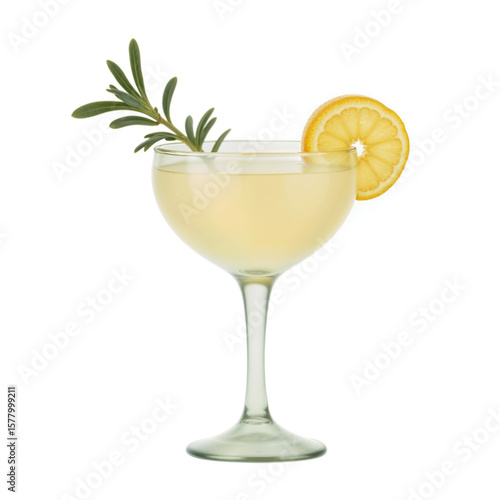 A delicate cocktail served in a coupe glass, garnished with a lemon slice and rosemary sprig.