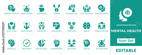 Mental Health Icon Set. Includes icons of therapy, self-care, anxiety, depression, brain, support, and wellness. Perfect for healthcare, apps, and awareness campaigns.