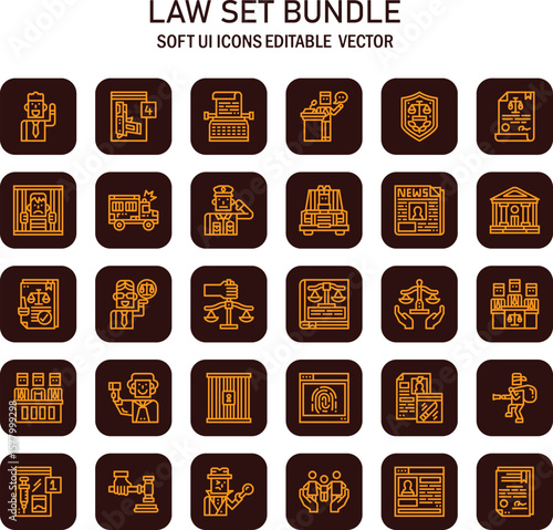 Comprehensive law and justice icon bundle showcasing legal system aspects in a modern design style for user interface