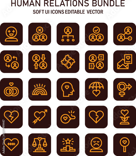 Diverse collection representing interpersonal relationships and social dynamics in digital design with golden icons