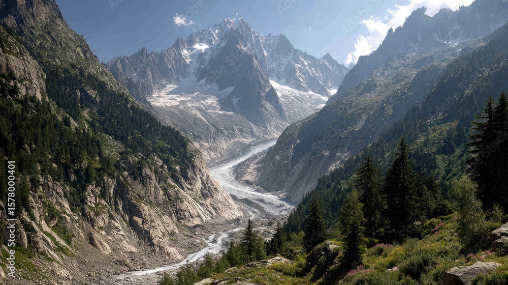 Obraz premium Mountain valley with glacier and forest