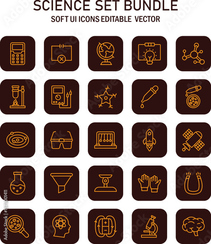 Detailed icons depicting various scientific instruments and concepts for educational use and design projects in