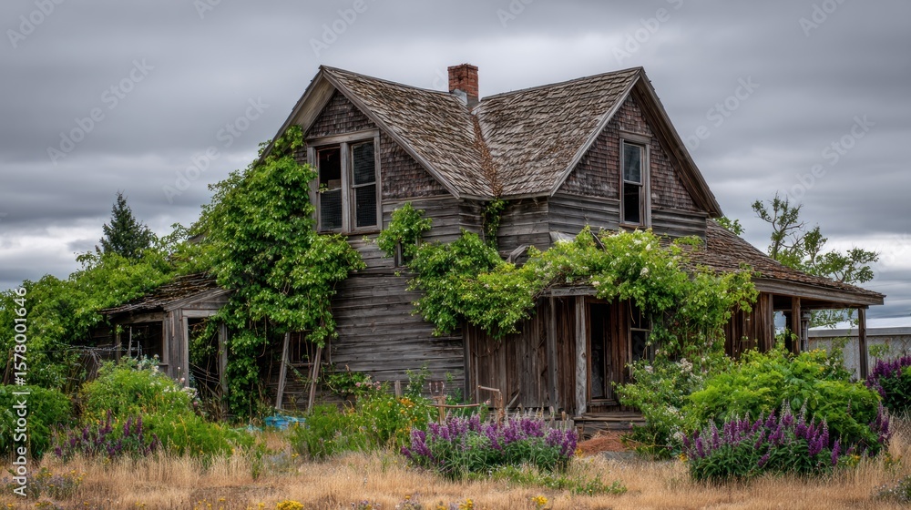 Fototapeta premium Weathered house overgrown with vines