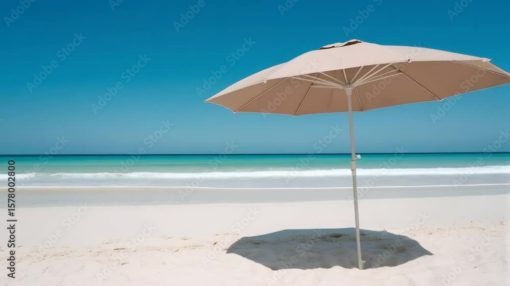Large Beach Umbrella Casting Shadow On White Sand With Clear Blue Sky And Turquoise Ocean In Peaceful Tropical Setting
Large Beach Umbrella Casting Shadow On White Sand With Clear Blue Sky And Turquoise Ocean In Peaceful Tropical Setting