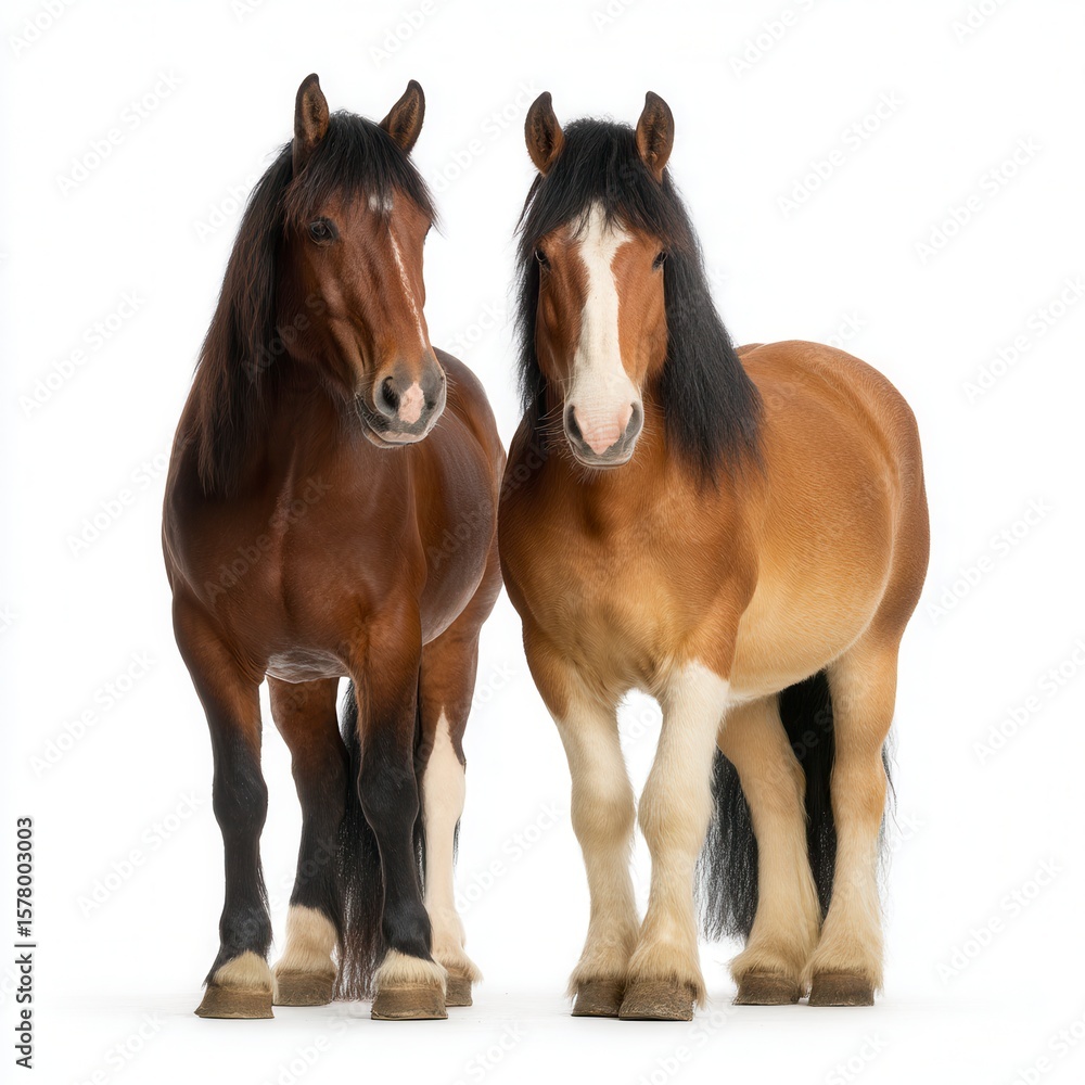 Obraz premium Majestic pair of bay horses standing side by side against white background, one with darker coat and one with lighter coat and white blaze, equestrian photography with free copy space