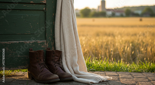 Brown boots resting by green door with blanket in golden field  